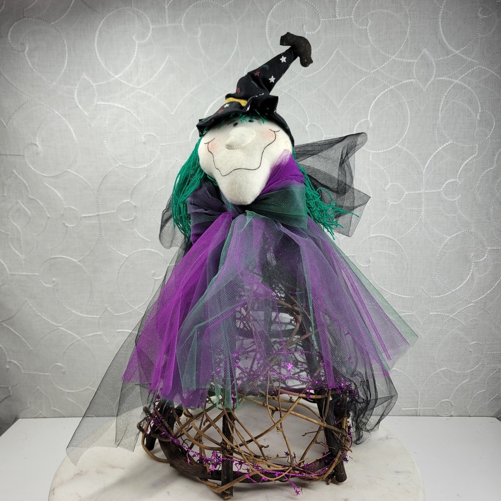 Handmade Witch Doll Tree Topper Halloween Folk Art Tulle Table Decor Primitive